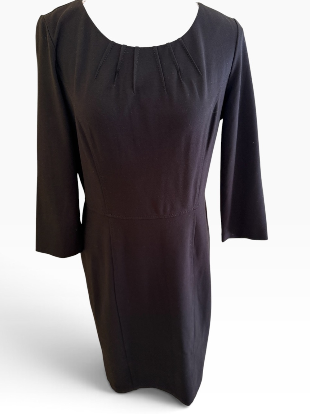 Talbots Classic Black Ponte Sheath Dress 3/4 Sleeve with Subtle Neck Pleats